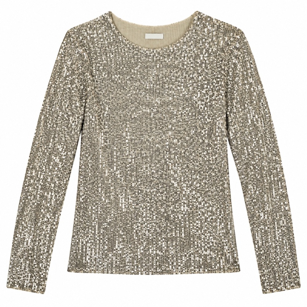 Intimately Free People Sequin Top Champagne Gold Long Sleeve Mesh Blouse M